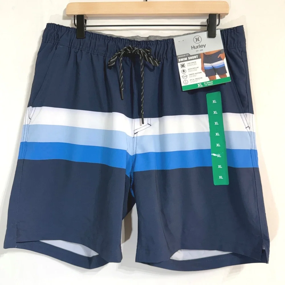 Hurley Swim Shorts Mens XL Blue Stripe Stretch UPF 50+ Board Trunks Lined NEW